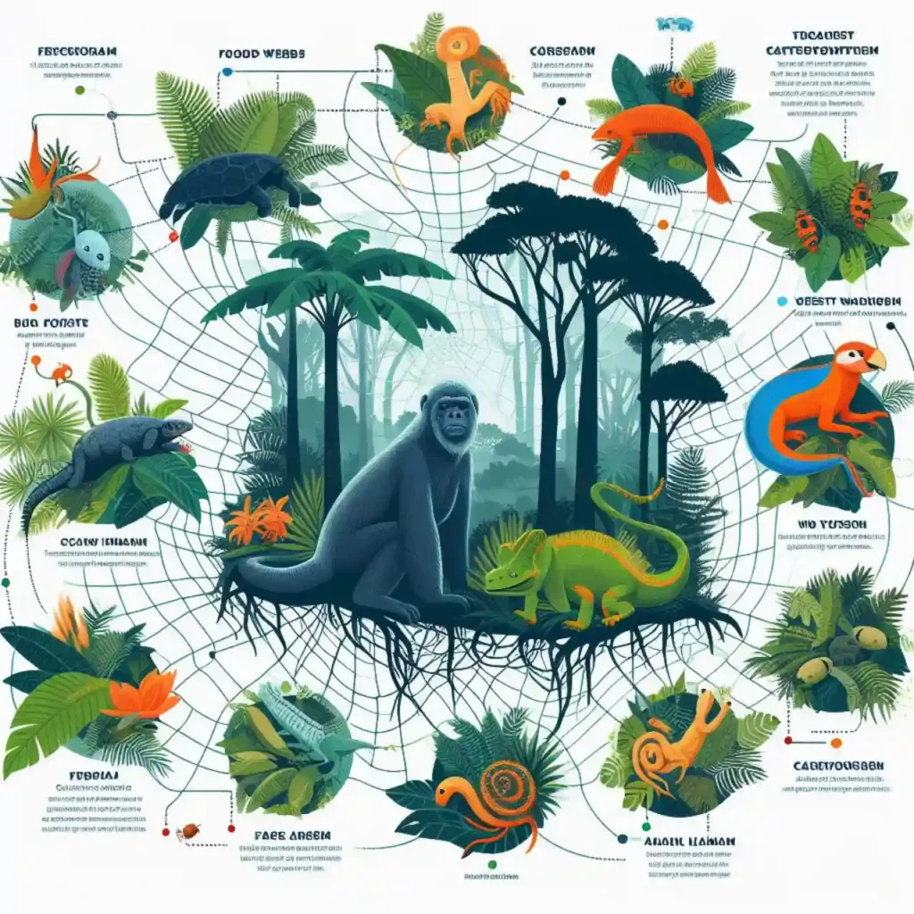 Infografis tentang jaring-jaring makanan hutan hujan tropis