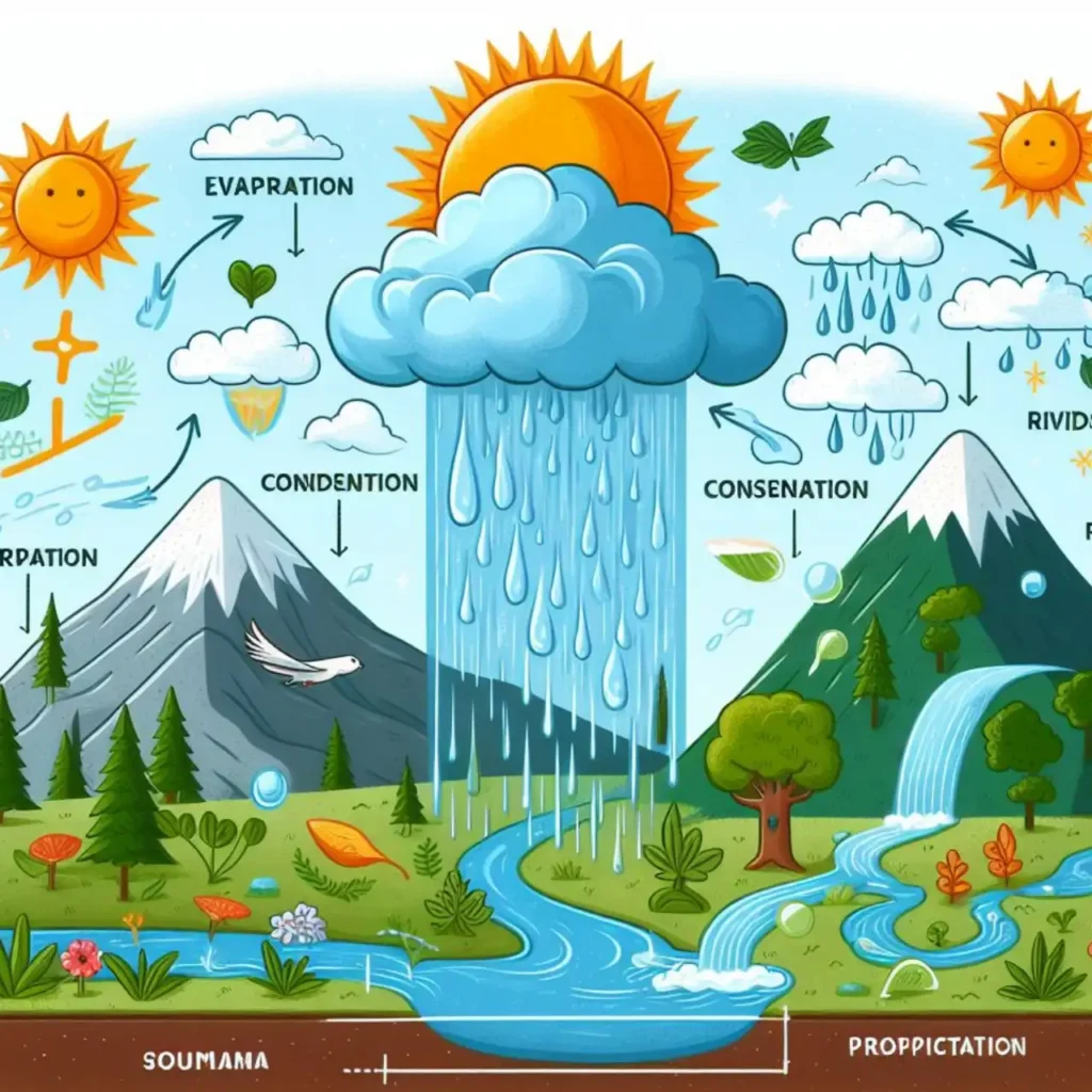 Sebuah ilustrasi yang menunjukkan proses terjadinya hujan dalam keilmuan geologi, dengan gambar awan, matahari, pegunungan, sungai, dan tanaman, serta teks yang menjelaskan evaporasi, kondensasi, dan presipitasi